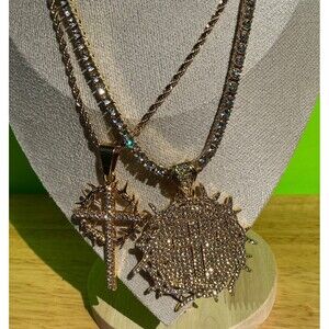 New 2 Necklace & 2 Cross Pendant Lot Hip Hop Iced Out CZ  Bling Christian Chain